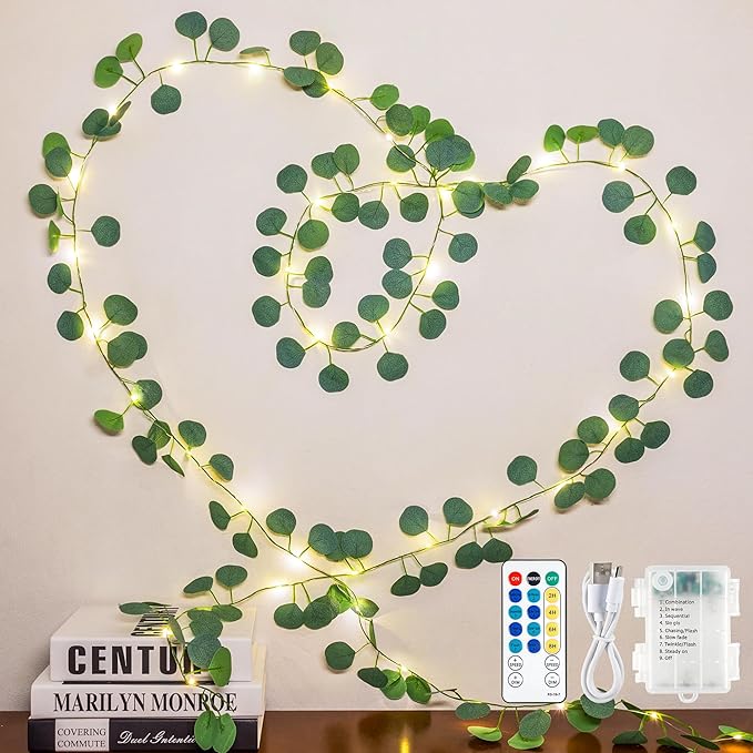 Vines with Fairy Lights,13ft Eucalyptus Garland String Lights USB/Battery Operate,40 LED Fake Leaf Twinkle Lights for Wedding,Birthday,Dorm,Bedroom,Curtain, Photo,Wall Decor(Warm White)