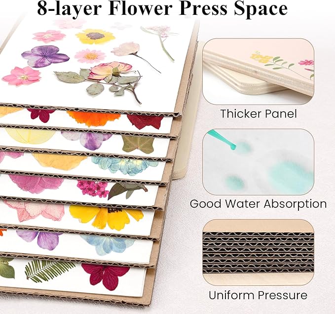 Aboofx Flower Press Kit, Craft Kits 8.6"x6.5" 8 Layers Wooden Flowers Pressing Kit for Crafts Pressed Flowers and Plant for DIY Art, Preservation for Bookmark Frame Wedding Flower Drying