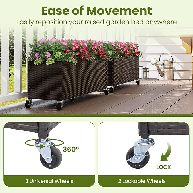HAPPYGRILL Raised Garden Bed, All-Weather PE Rattan Elevated Planter Box w/Lockable Wheels, Liner for Growing Vegetables Flowers Herbs, Indoor Outdoor Wicker Rolling Gardening Box for Yard Patio (1)
