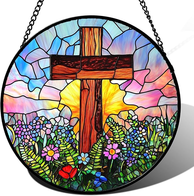 JOSUMALY Christian Gifts for Women - Cross Stained Glass Window Hanging Jesus Easter Colorful Wildflowers Sun Catcher Garden Religion Decor Mother's Day Catholic Gift for Men Grandma Mom Her 9.8"