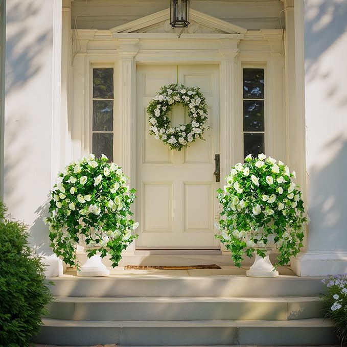 Morning Glory Artificial Hanging Flowers for Outdoors 3 Pcs Fake Petunias Flower Faux Silk Long Trailing Vines Realistic Flower for Front Door Porch Patio Balcony Garden Yard Decor (3 Pcs Beige)