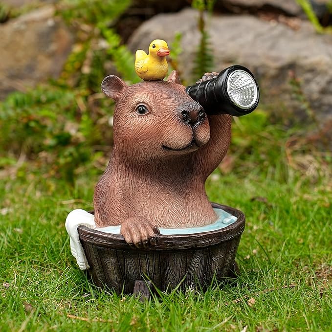 Capybara Solar Garden Statue – Funny Outdoor Resin Animal Decor with Flashlight & Duck – Waterproof Yard Lawn Ornament with LED Light – Solar Powered Figurine for Patio, Porch, Landscape