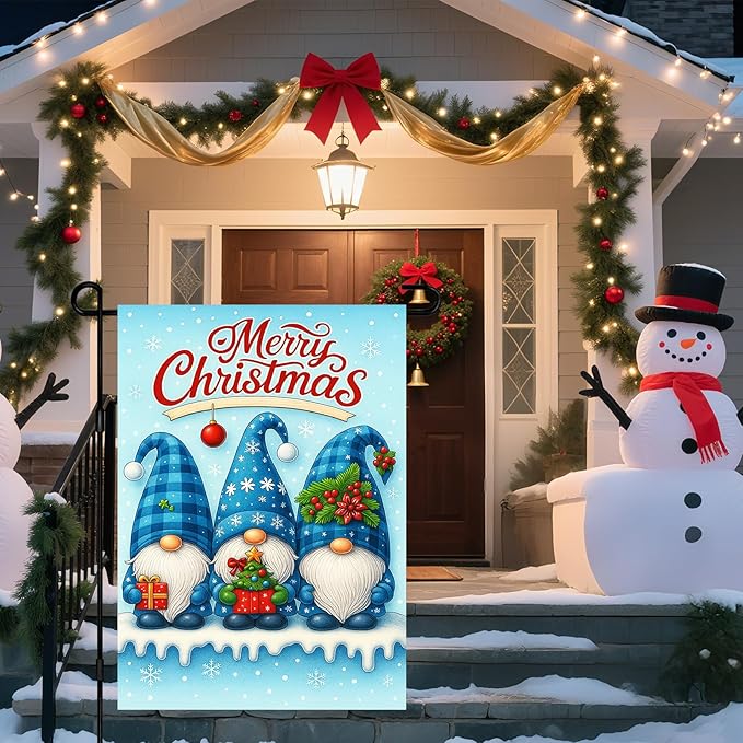 IVN Christmas Garden Flag 12x18 Inch Double Sided Blue Gnomes with Gifts and Snowflakes Outdoor Yard Flag for Outside Home Front Door Lawn Porch Patio Welcome Decor