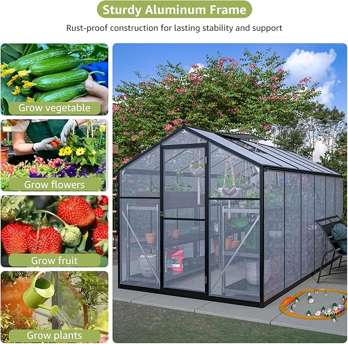 6x12 Ft Greenhouses for Outdoors, UV-Coated Polycarbonate Panels and Aluminium Green Houses for Outside, 2 Roof Vents, Invernaderos para Plantas Exterior, Walk-in Greenhouse Kit for Backyard, Lawn