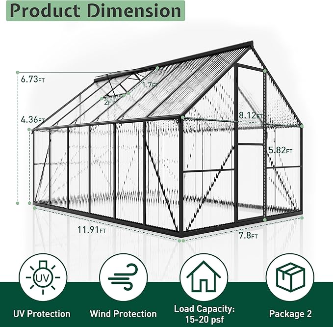 Jocisland 8x12Ft Polycarbonate Greenhouse, Heavy Duty Aluminum Frame with 2 Windows & Swing Doors, Outdoor Garden Greenhouses for Backyard, Black