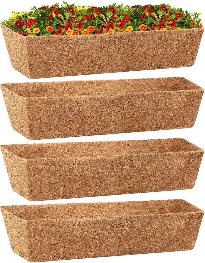 Legigo 4 Pack 24 Inch Square Coco Liners Planter Baskets Liner- Natural Coconut Coir Basket Liner Replacement, Window Box Liners Trough Coconut Liners for Wall Planter Garden Deck Fence Flower Baskets