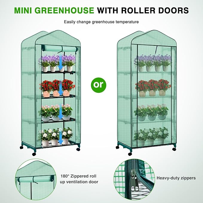 Yesker Mini Greenhouse 27"x20"x63" Portable Indoor / Outdoor Small Green House with 4 Tier 4 Shelves Wheels Thicken PE Cover Compact Greenhouses Kit for Winter Gardening Balcony Patio Backyard, Green