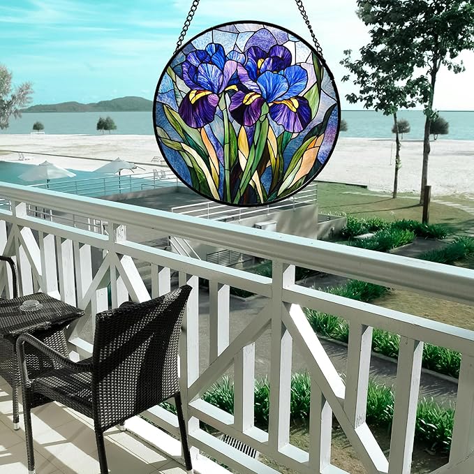Stained Glass Window Hanging - Blue Purple Iris Flower Suncatcher for Door Garden Patio Sun Catchers Decor Christmas Mother's Day Birthday Gifts for Women Men Mom Nana Aunt Friend 11.8 in