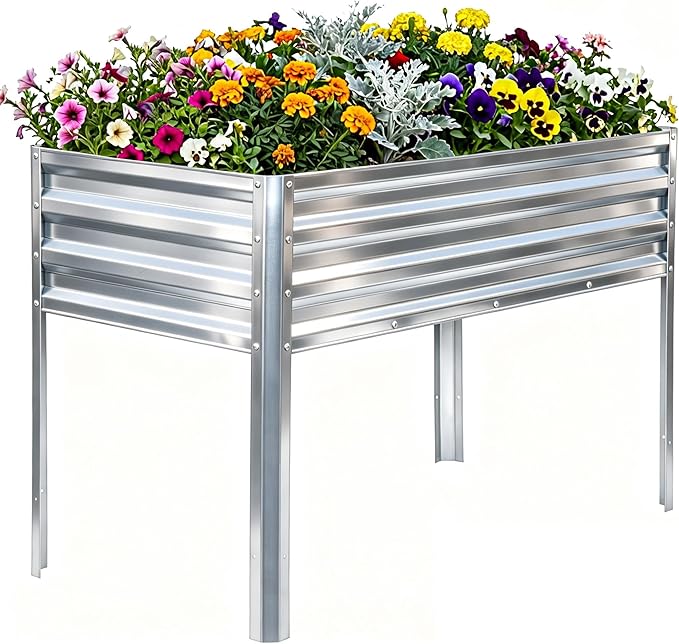 Elevated Raised Garden Bed with Legs, 48x24x32in Galvanized Planter Box Outdoor with Drainage Holes, Large Metal Raised Beds for Gardening Vegetables Herbs, Backyard, Patio, Balcony - Silver