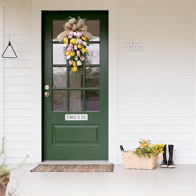 26" Artificial Tulips Teardrop Swag with Burlap Bow, Handmade Spring Easter Teardrop Wreath for Front Door & Porch Wall, Spring Easter Decor Decorative Swag