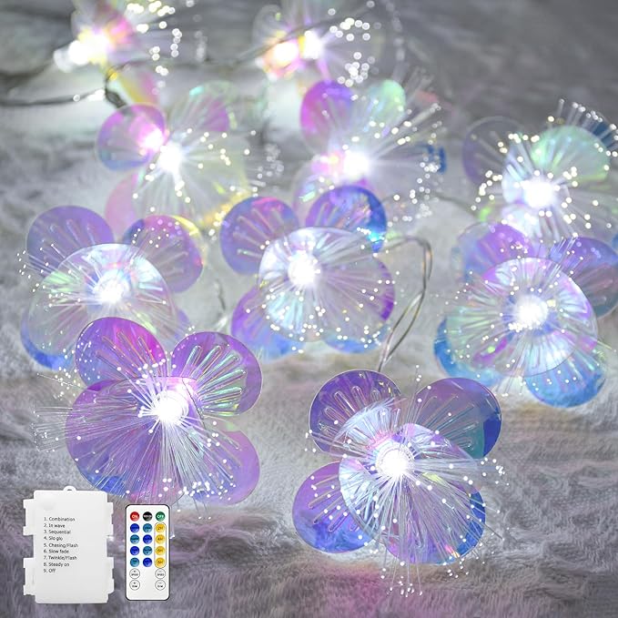 YOLIGHT Fiber Optic Flower String Lights Battery Operated with Timer, 13ft 20 LED Flower Garland Lights Fairy Lights for Room Table Wedding Christmas Easter Décor (White)