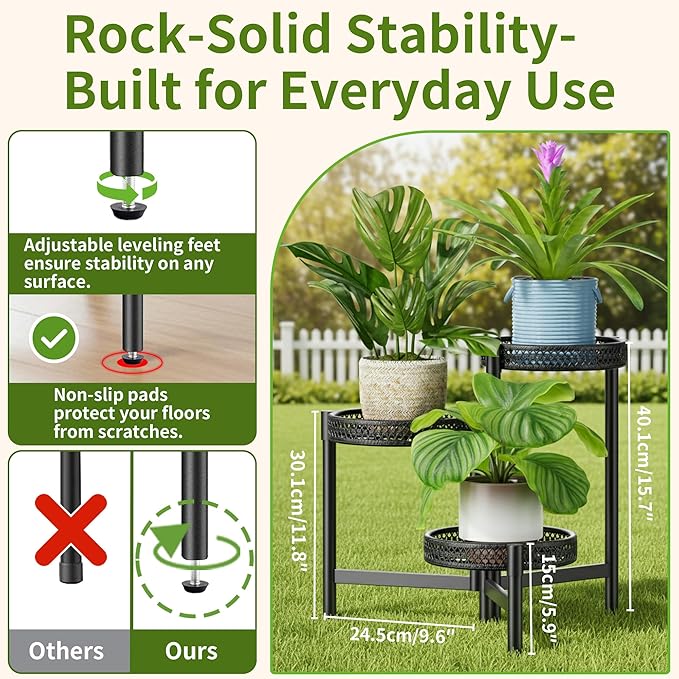 NQW Metal Plant Stand Indoor Outdoor, 3 Tier Corner Tall Plant Shelf for Multiple Plants, Tiered Plant Stand, Heavy Duty Flower Plant Holder, Folding Tall Rack for Garden Patio Lawn Balcony - BlackWave