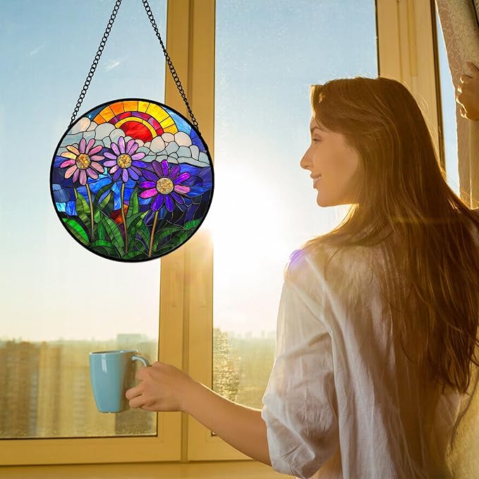 Stained Glass Window Hanging, Butterfly and Sunflowers Sun Catchers Glass Panel Plant Insects Suncatcher Decor for Birthday for Women, Men, Wife, Aunt, and Mom 6.3 in