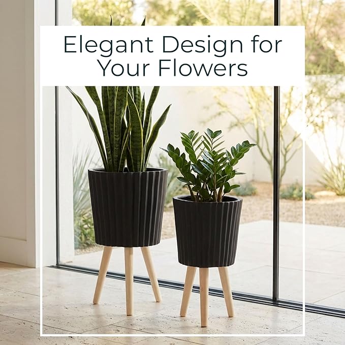 Set of 2 Resin & Magnesia Planter Set with Wood Stands – Plant Stand Indoor Outdoor, Living Room or Patio – Modern Raised Design, Accent Planters for Stylish Spaces, Home Decor – 12" & 10", Black