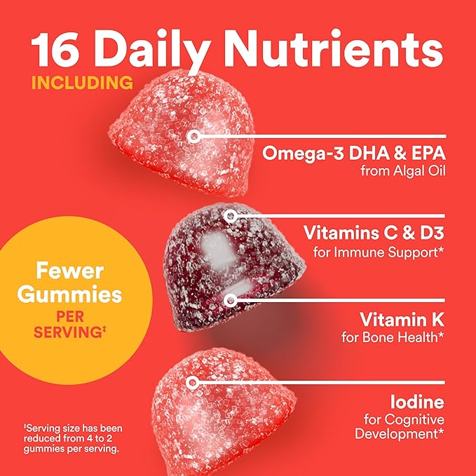 SmartyPants Kids Multivitamin Gummies - Improved Formula: Omega 3 (DHA/EPA), Vitamins D3, C, B12, B6, Vitamin A, K & Zinc, Gluten Free, Cherry Berry Punch Flavors, 60 Count (30 Day Supply)