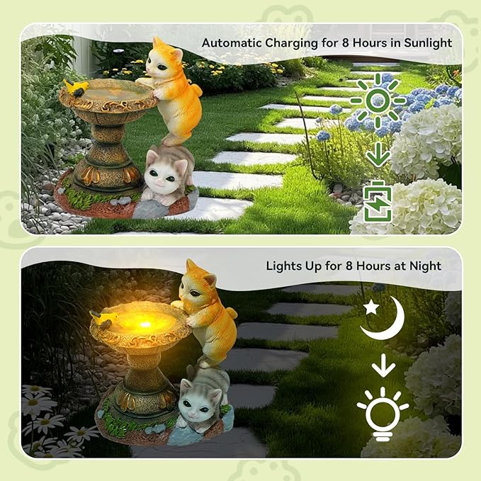 ArtCredit Solar Two Kittens Garden Statues with LED Lights, Outdoor Decor for Patio Yard Balcony - Unique Housewarming Birthday Gifts for Women Mom Grandma