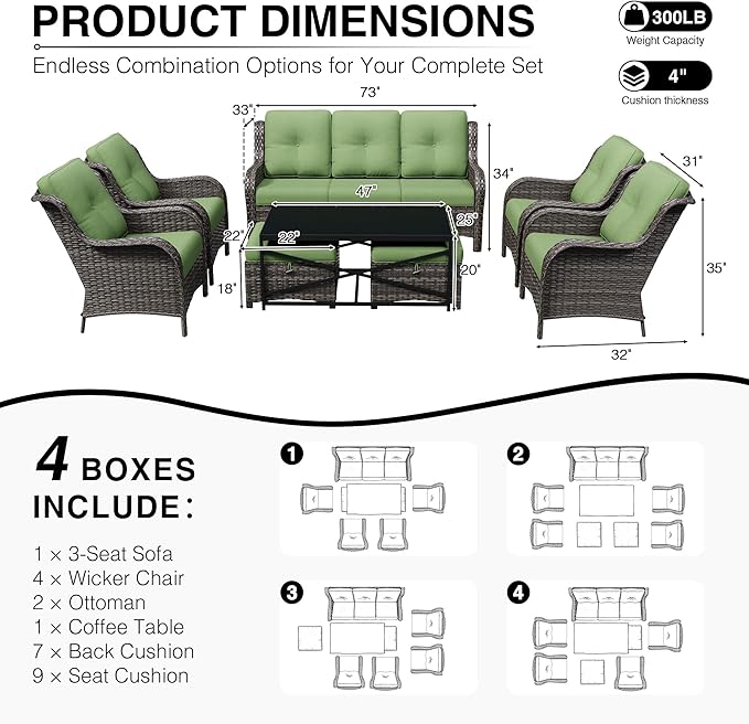 Joyside 8 Piece Wicker Patio Furniture Set, Rattan Patio Chairs with High Back, Deep Seating, Wide Armrest, Thickened Cushions, Outdoor Furniture for Deck, Porch Use