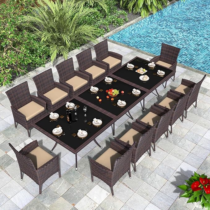 15 Piece Outdoor Dining Set,Rattan Patio Conversation Set of 12 Chairs,Patio Dining Table and Chairs w/Cushions,Square Glass Tabletop,Umbrella Cutout for Patio,Sand
