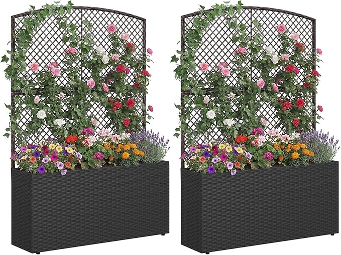 Happygrill Raised Garden Bed with Trellis, 58" Wicker Planter Box with Privacy Screen, Liner, Drainage for Patio Balcony, Outdoor PE Rattan Elevated Garden Bed for Climbing Plant Vine Flower (Black,2)