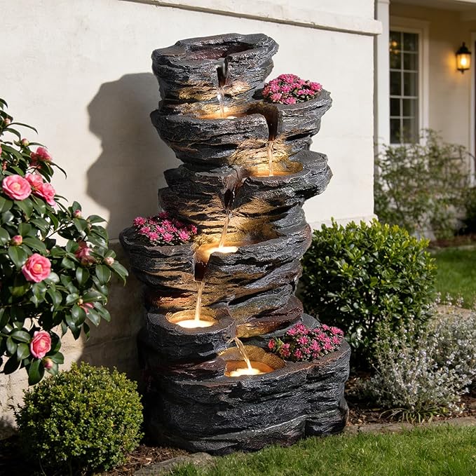 32.7’’H 6-Tier Rock Water Fountain Outdoor Cascading Waterfall Fountain with 3 Plant Nooks and LED Lights, Outdoor Water Fountain for Garden, Patio, Porch & Yard Decor