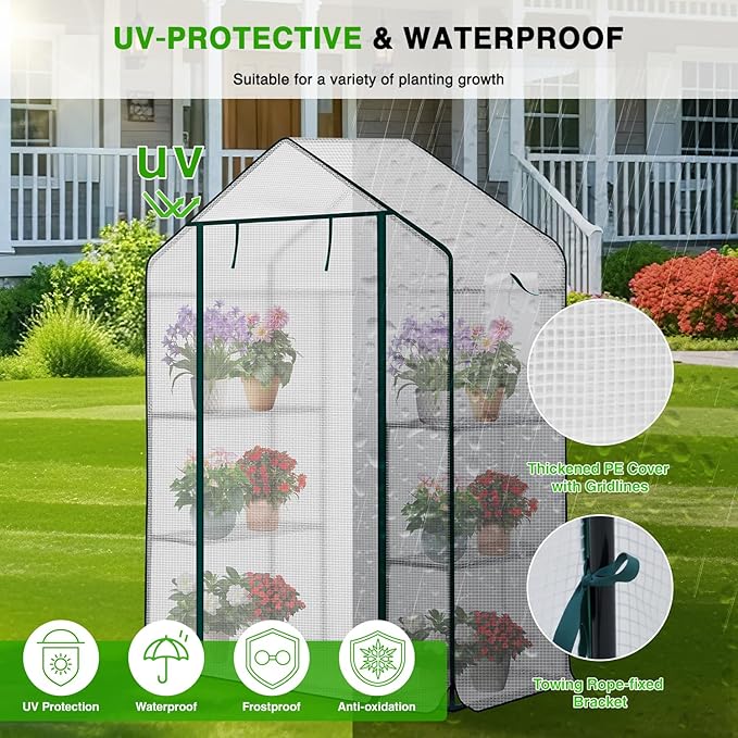Yesker Greenhouse 57"x29"x77" Walk in Green House - Large Outdoor/Indoor Greenhouses with 4 Shelves Waterproof PE Cover & Windows, Portable Greenhouse Kit for Winter Backyard Gardening Patio, White