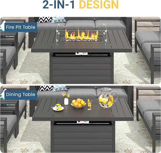 Wisteria Lane Aluminum Patio Furniture Set, 4 Pcs Metal Outdoor Furniture Set with CSA Certified 54in Propane Gas Fire Pit Table, Patio Conversation Set with 5in Olefin Cover Cushions, Dark Grey