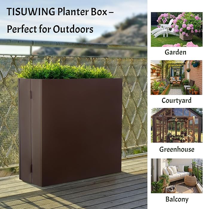 TISUWING Metal Planter Box, No Installation Galvanized Steel Folding Rectangular Planter with Drainage Holes, 35.5"x 10"x 28" Brown Outdoor Planter for Porch/Patio/Garden