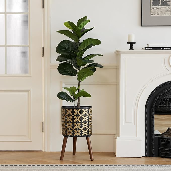 12 Inch Planter Pot with Stand, Planter for Indoor Plants, Drainage Holes and Rubber Plug, Modern Mid-Century Flower Planter Pot for Home Garden Patio, Black and Gold