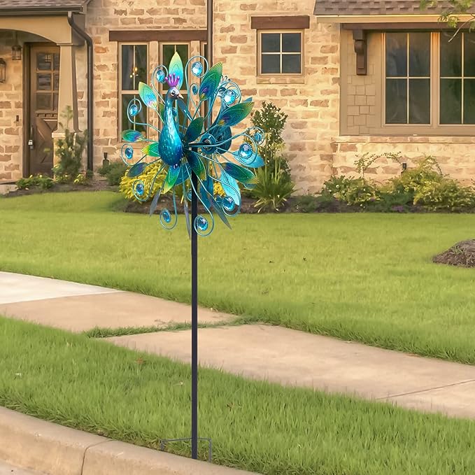 VEWOSTAR Outdoor Wind Spinner 58" Metal Peacock Wind Spinner Double Peacock Wind Sculpture for Garden Yard Patio Decoration