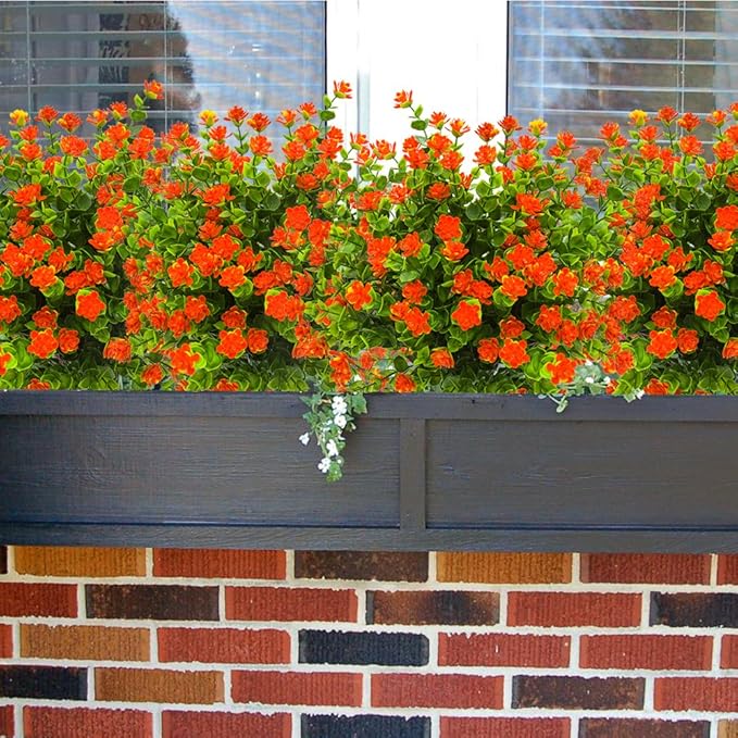 Grunyia Artificial Flowers, Fake Outdoor UV Resistant Plants Faux Plastic Greenery Shrubs Indoor Outside Hanging Planter Home Kitchen Office Wedding, Garden Decor (Orange Red)