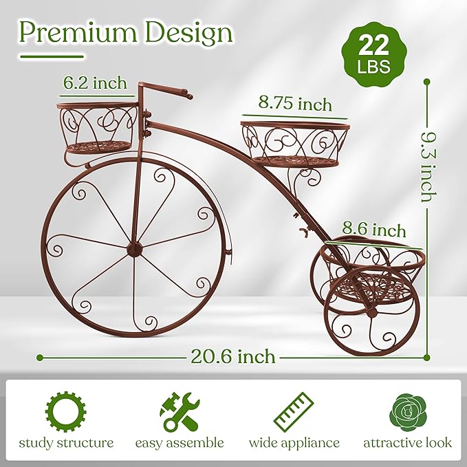 Sorbus Tricycle Plant Stand - Flower Pot Cart Holder - Ideal for Home, Garden, Patio - Great Gift for Plant Lovers, Housewarming, Mother’s Day - Parisian Style (Bronze)