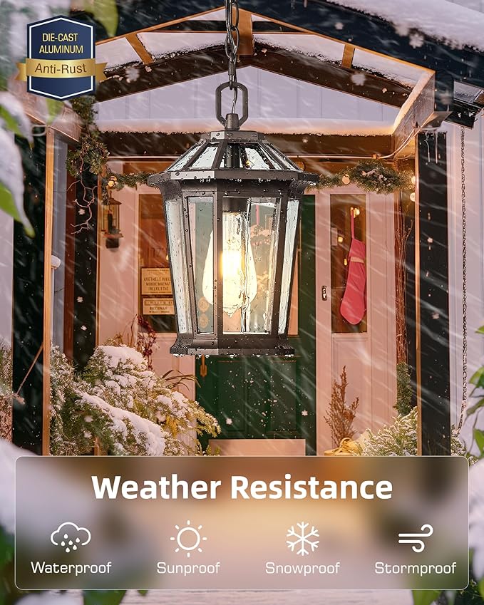 VIANIS Oil Rubbed Bronze Pendant Light Fixtures, Modern ORB Outdoor Chandelier with Clear Tempered Glass, Aluminum Ceiling Lights for Porch, Hanging Lighting for House