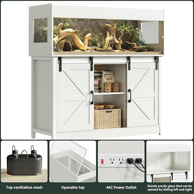 Herture 60 Gallon Reptile Terrarium with Stand, Terrarium Enclosure with Acrylic Doors, Storage Cabinet with Barn Door, Mesh Lid & Power Outlet – Vivarium Habitat for Medium Reptiles White PX05RTW