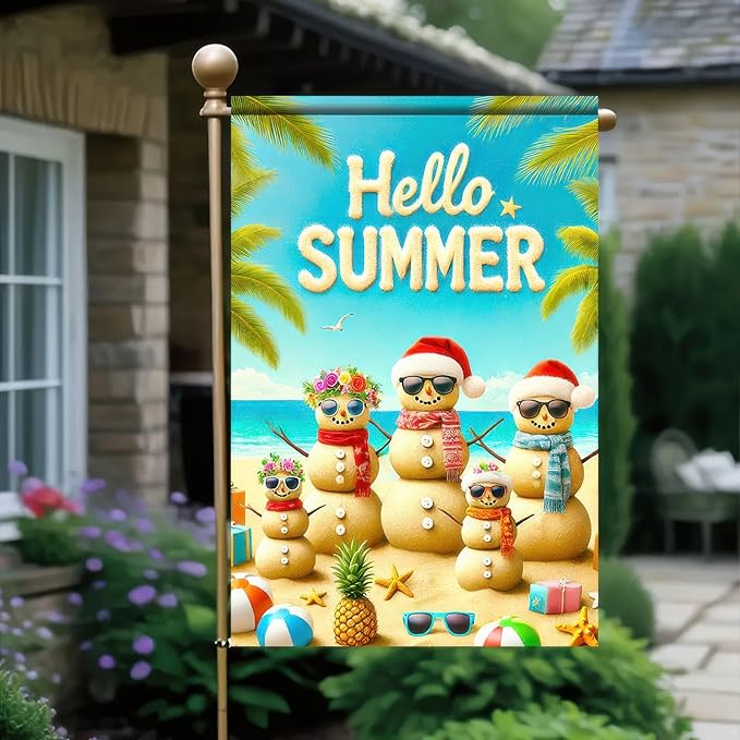 Welcome Summer Garden Flag 12x18 Inch Double Sided Beach Snowman Garden Flag Ocean Coastal Decorative Yard Outdoor Small Decor Christmas Outside Decorations