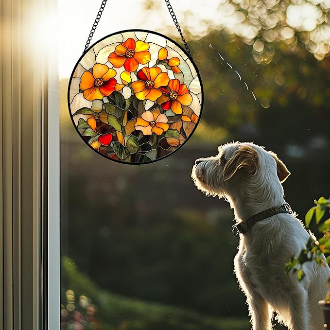 Stained Glass Window Hanging - Orange Marigolds Flowers Suncatcher for Door Garden Yard Sun Catchers Decor Christmas Mother's Day Birthday Gifts for Women Mom Nana Girlfriend Men 6.3 in