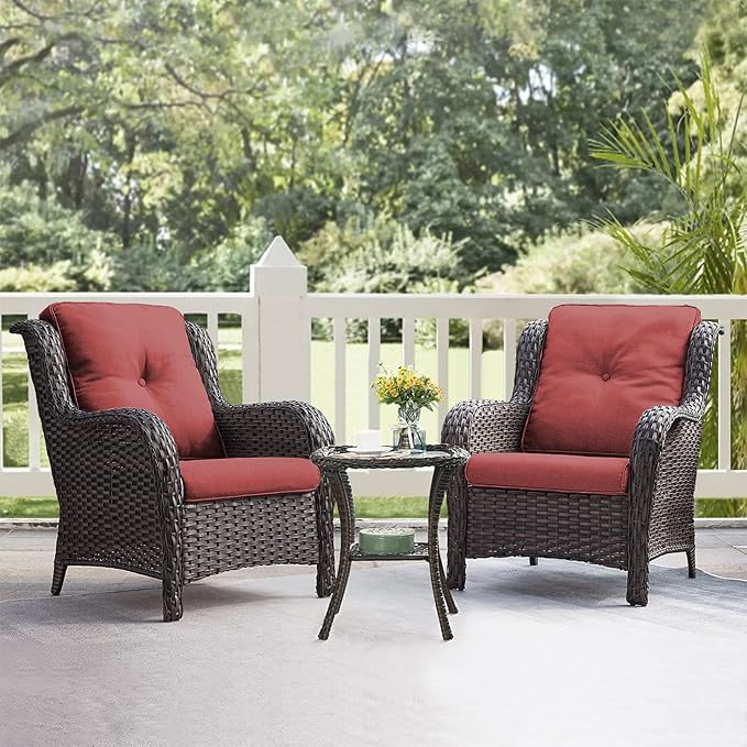 HUMMUH 3 Pieces Patio Bistro Set Wicker Patio Chairs Set of 2 with Tempered Glass Top Side Table Rattan Outdoor Furniture Conversation Set for Yard,Garden,Porch (Brown/Red)