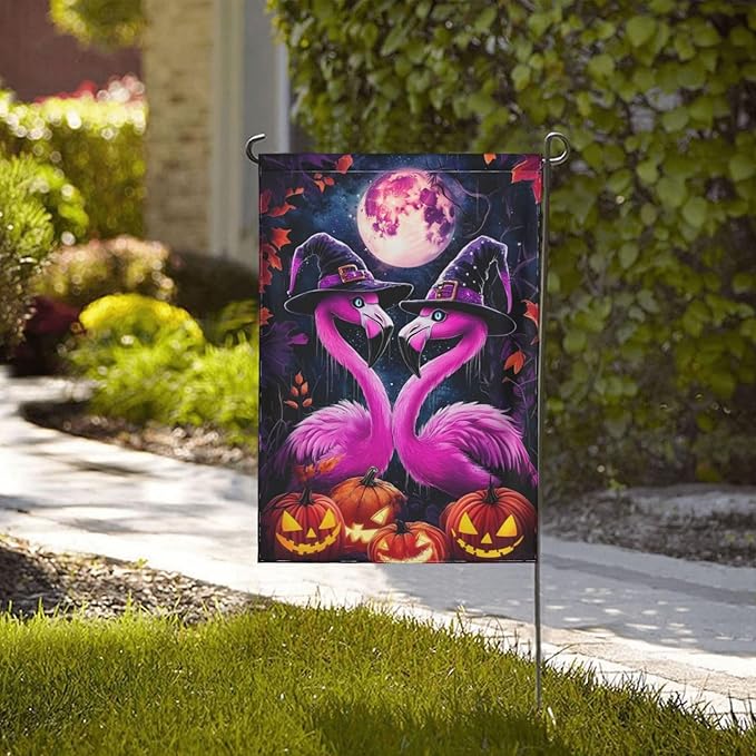Flamingo Halloween Garden Flag Vertical Double Sided Outdoor Yard Flags 12.5x18 Inch Burlap Banners for House Lawn