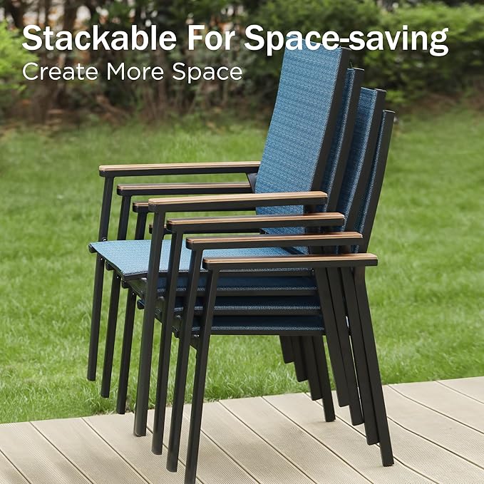 PHI VILLA Outdoor Stackable Chairs, Patio Chairs Set of 8, Light Weight Aluminum Frame with Textilene Fabric & Wood Armrest, High Back Deck Chairs for Poolside Lawn Garden, Blue