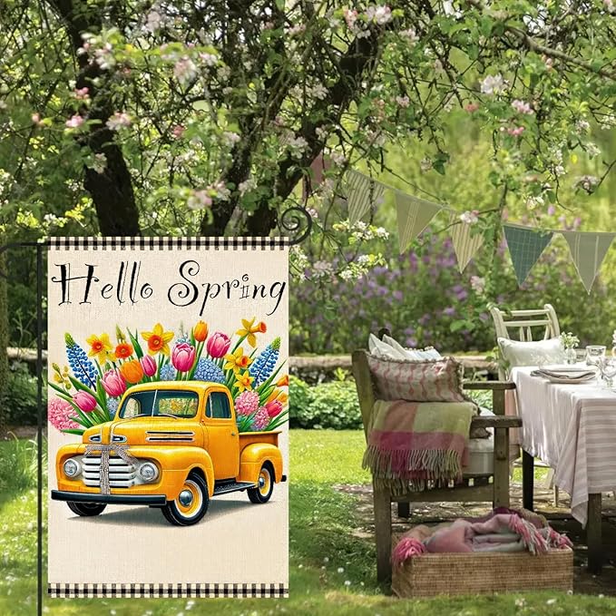 Hello Spring Garden Flag 12 x 18 Inch Double Sided Welcome Spring Flowers Truck Yard Flag Seasonal Outdoor Decor Home Party Porch Yard Farmhouse Holiday Outdoor Decor Flags