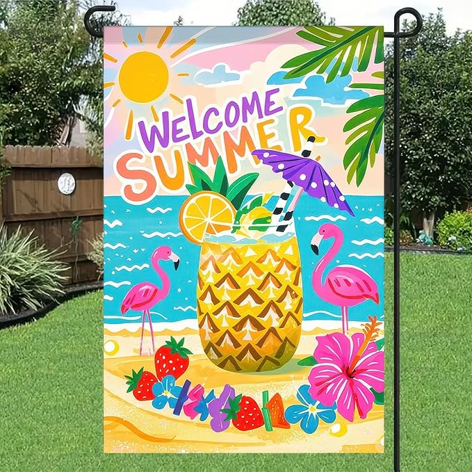 Welcome Summer Garden Flag 12x18 Double Sided Flamingo Sunshine Hawaii Tropical Beach Holiday Garden Flags Welcome Summer Tropical Ocean Sea Yard Flag for Seasonal Outdoor Party Decoration
