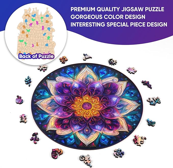 Delobil Jigsaw Puzzles for Adults, Colorful Mandala Flower Wooden Puzzles 200 Pieces, Geometric Art Blue Round Jigsaw Puzzles for Adults and Kids, Family Puzzle Games Gift 11.2 * 11.2