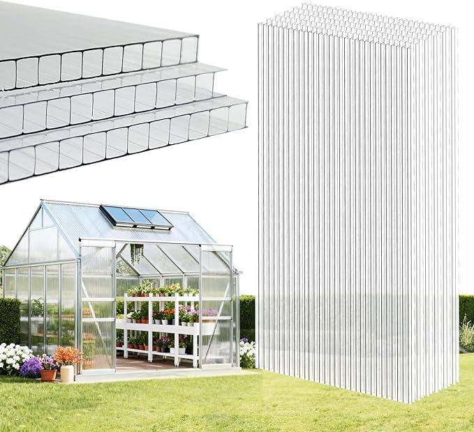 6 Pcs Polycarbonate Greenhouse Panels, 8'FT x 4'FT x 0.24" in Twin-Wall Polycarbonate Sheet, All-Season UV Protected Plastic Roof Sheeting for Greenhouse Covering/Outdoor Garden