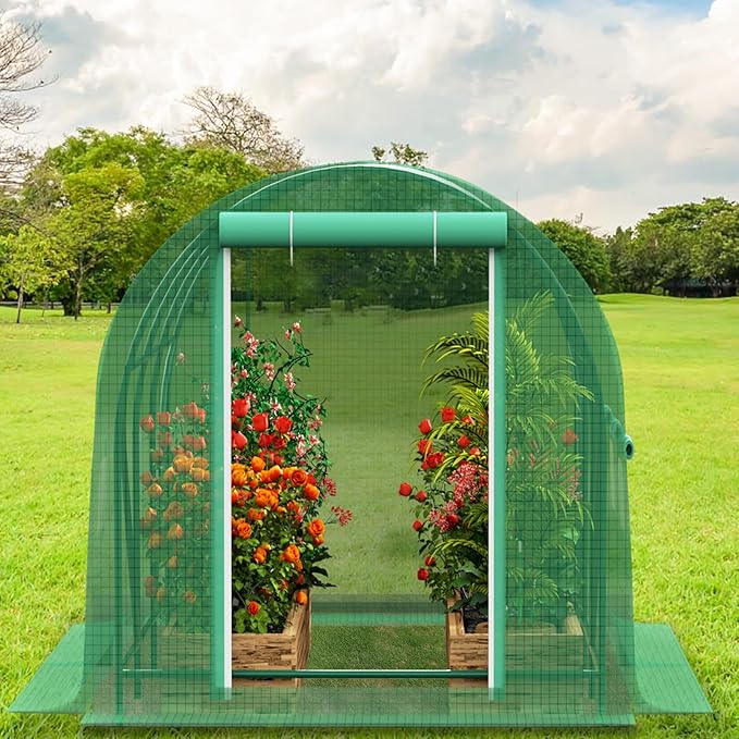 12x7x7 Greenhouse, Portable Green House for Outside, Greenhouses Kit for Outdoor with Metal Frame, Thicken PE Cover, Ground Nail and Fixed Ropes (Green Cover)