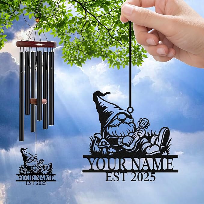 Personalized Customize Name Gnome Wind Chime, Metal Iron 37 Inch Outdoor Memorial Gift for Garden Yard Patio Home Decor, Black，Christmas (Style B)