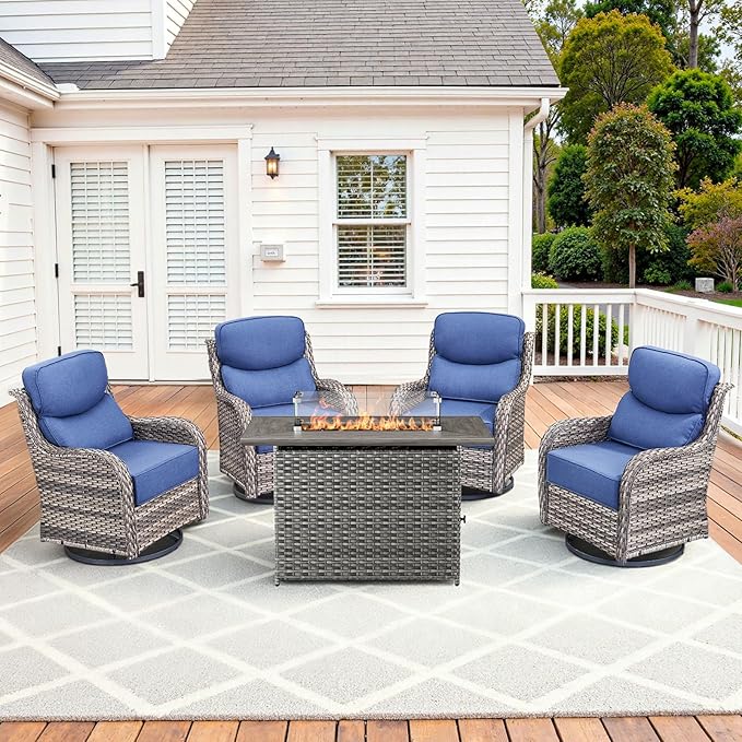 Luxury High Back Patio Furniture Set with Fire Pit Table and 6-Inch Thick Cushions, 5-Pieces Outdoor Furniture 4 Swivel Chairs, Wicker Conversation Set for Porch, Balcony, Deck and Yard, Grey/Blue
