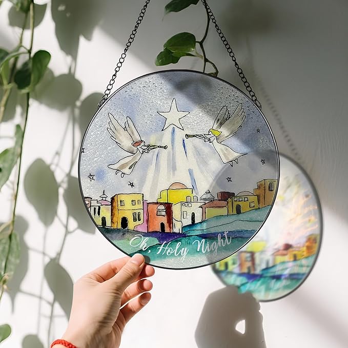 8'' Bethlehem Religious Stained Glass Suncatcher, Window Hanging Decor, Oh Holy Night Ornament, Christian Holiday Decor, Christian Gifts, Religious Gifts, Gift for Christmas