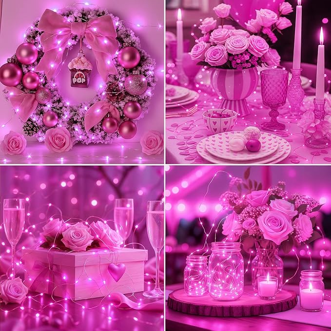 litogo 30 Pack 7FT 20 LED Fairy Lights Battery Operated, 3 Lighting Modes, Bulk Mini Twinkle String Lights Waterproof Silver Wire for Weddings Mason Jars Party Christmas Decorations-Pink