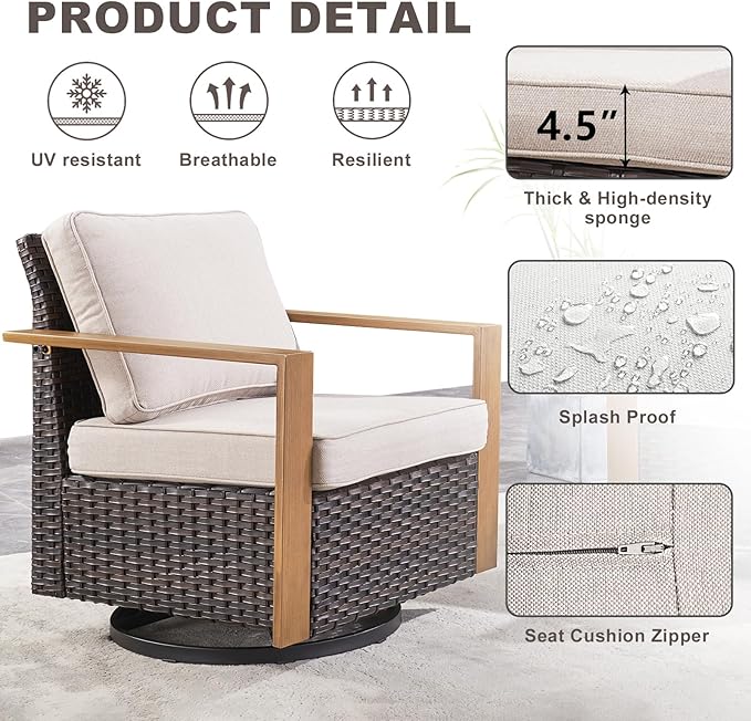 Rilyson Outdoor Wicker Patio Furniture Set - 4 Piece Patio Conversation Set with 2 Wicker Swivel Rocker Chairs,2 Rattan Ottoman, Thick Cushions, Deep Seating, Wide Armrest(Brown/Beige)