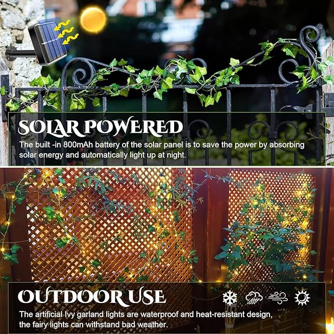 Outdoor Solar Fairy Lights, 39.3ft Ivy Fairy Lights with 120 LED String Lights, Solar Vine Lights Outdoor Weatherproof, 8 Modes Leaf Light for Garden, Balcony, Patio, Room Decoration
