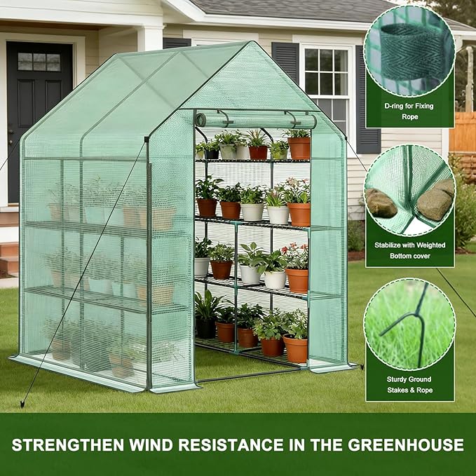 Grezone Walk-in Greenhouse Upgraded Portable Green House with Thicken PE Cover, 3 Tiers 8 Shelves for Outdoors，Heavy Duty Plastic Plant Warm House with Reinforced Frame (56x56x77 in)